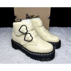 Dr. Martens Devon Heart Platform Buckle Toile Cream Milled Nappa Tan Women's 7